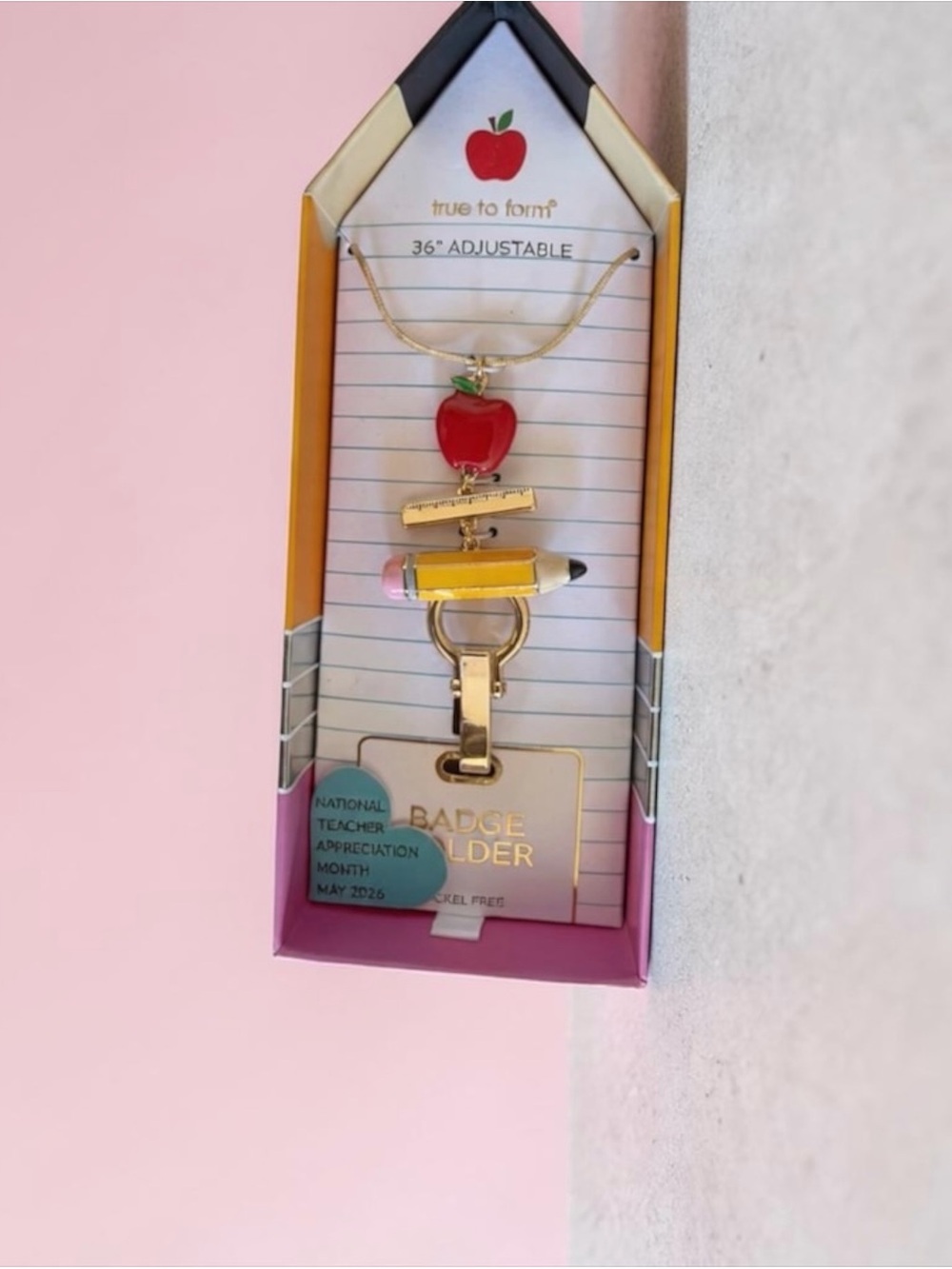 True to Form Apple & Pencil Badge Holder Necklace - Red, Yellow, Gold w/gift box